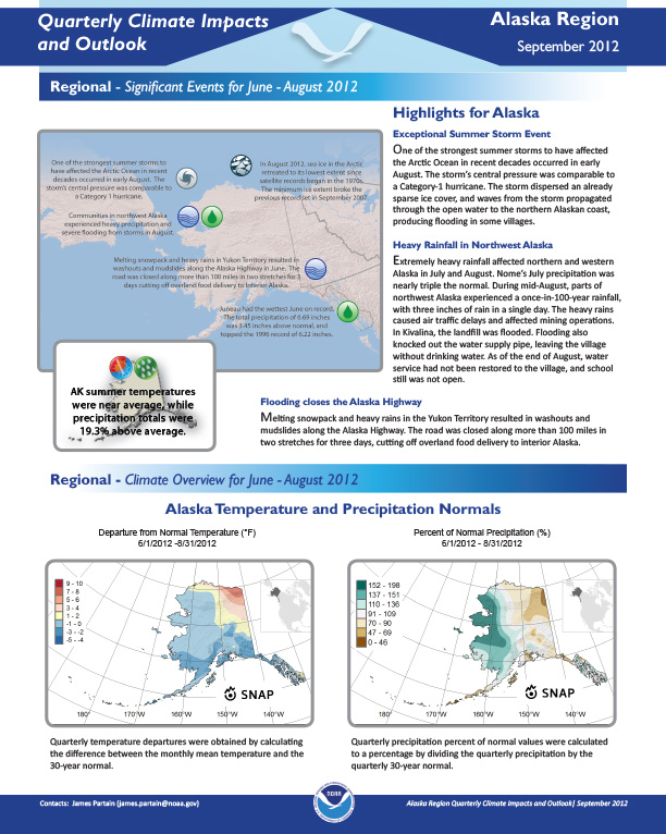 first page of two-pager on Quarterly Climate impacts and Outlook for the Alaska Region, September 2012