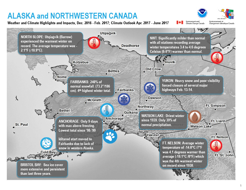 First page of outlook on Quarterly Climate Impacts for Alaska and Northwestern Canada, March 2017