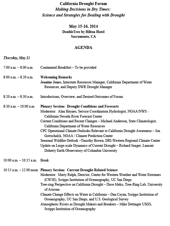 First page of four-page 2014 California Drought Forum agenda