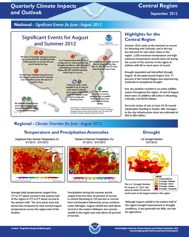 first page of two-pager on Quarterly Climate Impacts and Outlook for the Central Region, September 2012