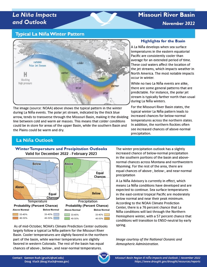 November 2022 La Niña Impacts and Outlook report for the Missouri River Basin.