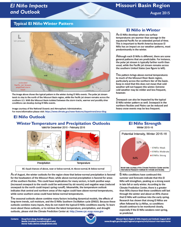 first page of outlook on El Niño Impacts and Outlook, Missouri Basin, August 2015