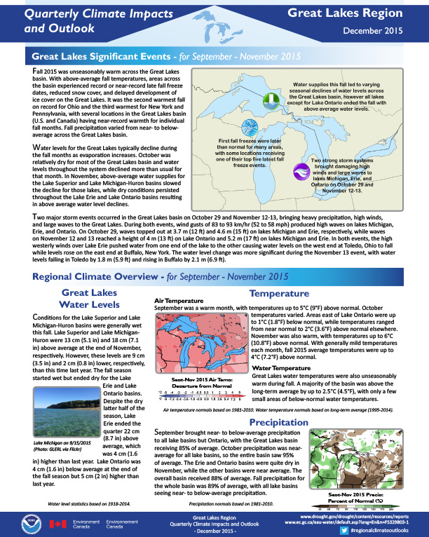 first page of two-page outlook on Quarterly Climate Impacts for the Great Lakes Region, December 2015
