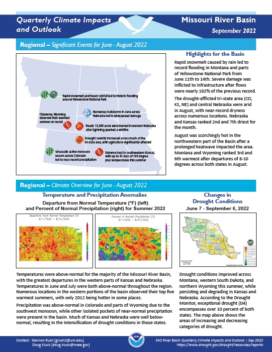 Quarterly Climate Impacts and Outlook report for the Missouri River Basin.