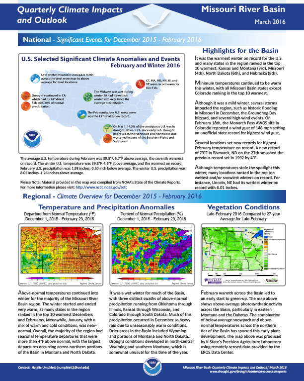 First page of outlook on Quarterly Climate Impacts for the Missouri River Basin, March 2016 showing the text and maps