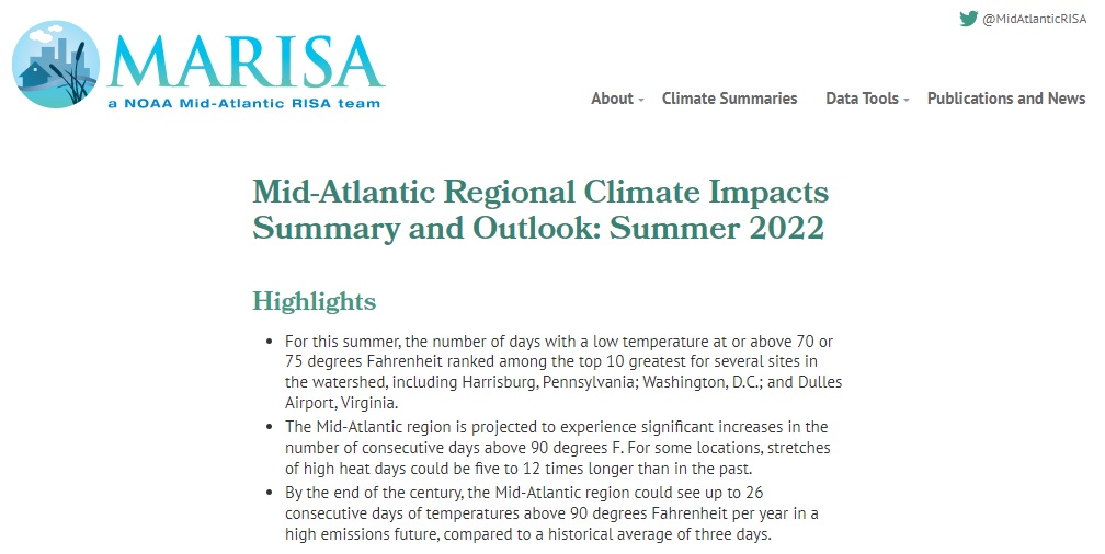 Quarterly Climate Impacts and Outlook report for the Mid-Atlantic region.