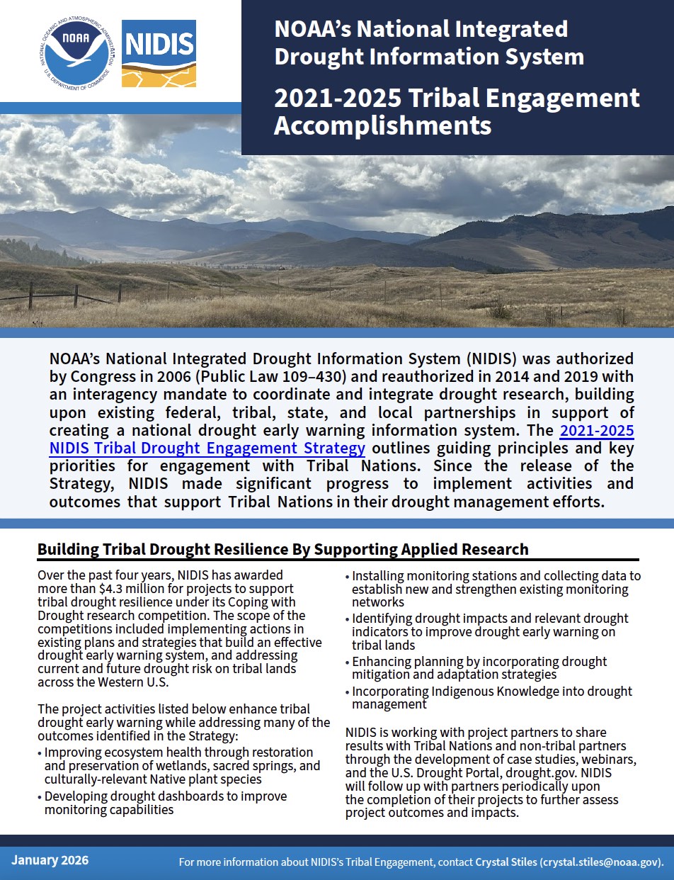 First page of the PDF, titled NIDIS Tribal Engagement 2021-2025 Accomplishments.