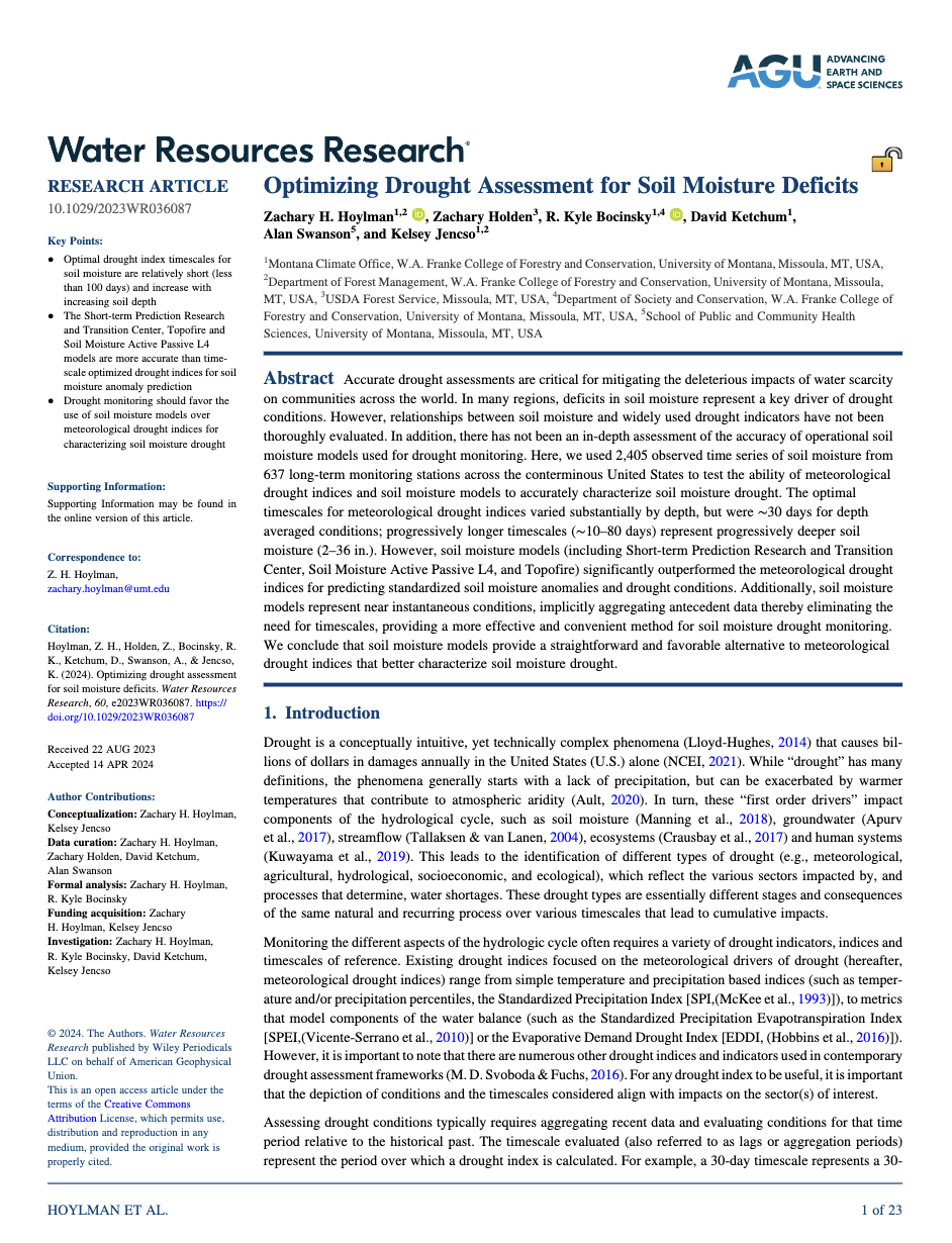 The research article, Optimizing Drought Assessment for Soil Moisture Deficits, was published in Water Resources Research in June 2024.