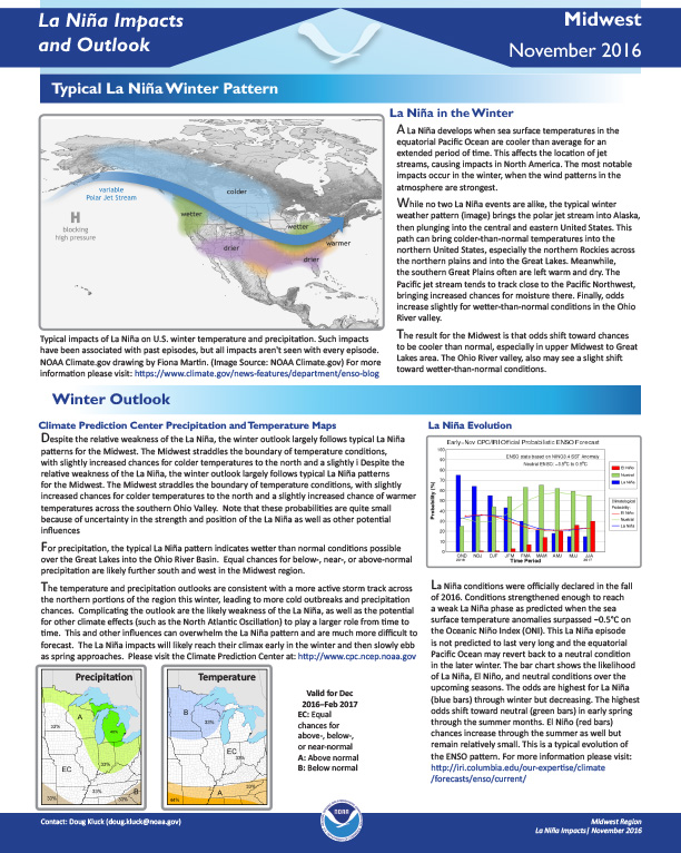 First page of outlook on La Nina Impacts in the Midwest Region, November 2016
