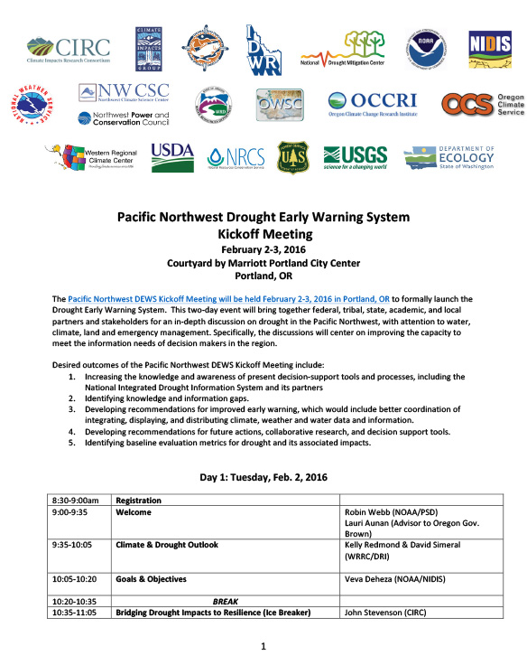 First page of Pacific Northwest DEWS meeting agenda showing title, text, and a variety of logos, including but not limited to the Climate Impacts Research Consortium, Climate Impacts Group, National Drought Mitigation Center, NOAA, NIDIS, National Weather Service, Northwest Climate Science Center, Northwest Power and Conservation Center, Oregon Climate Change Research Institute, Oregon Climate Service, Western Regional Climate Center, USDA, Natural Resources Conservation Service, etc.