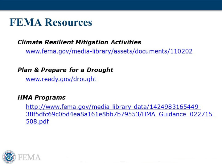 Title slide from presentation on Midwest DEWS Launch: FEMA Resources