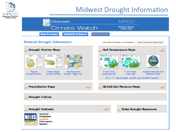 Title slide from presentation on Midwest DEWS Launch: Midwest Drought Information showing the title, text, images of a NIDIS info page, and the Midwestern Regional Climate Center logo