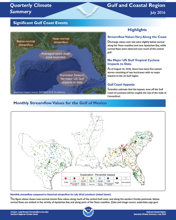 first page of outlook on Quarterly Climate Impacts and Outlook for the Gulf and Coastal Region, July 2016