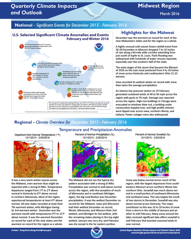 First page of outlook on Quarterly Climate impacts for the Midwest Region, March 2016