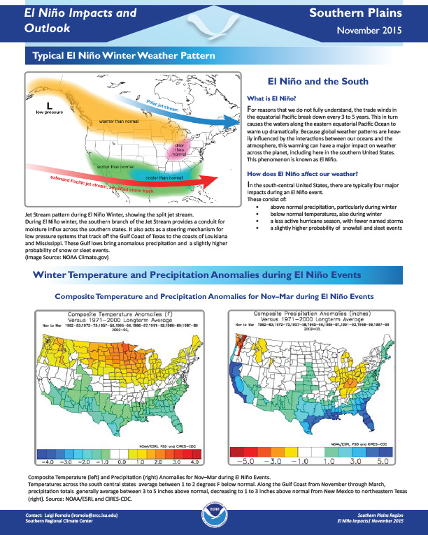 first page of two-page outlook on El Niño Impacts and Outlook in the Southern Plains, November 2015