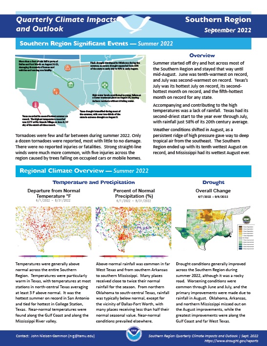Quarterly Climate Impacts and Outlook report for the Southern region.