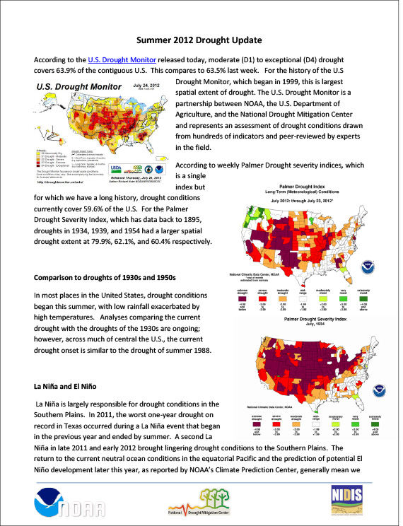 First page of two-pager depicting summer 2012 drought update 