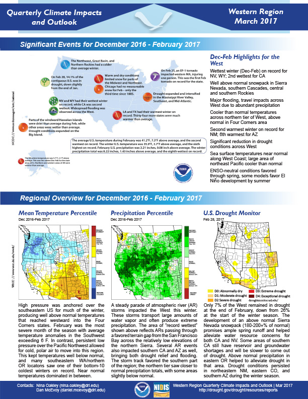 First page of outlook on Quarterly Climate Impacts for the Western Region, March 2017