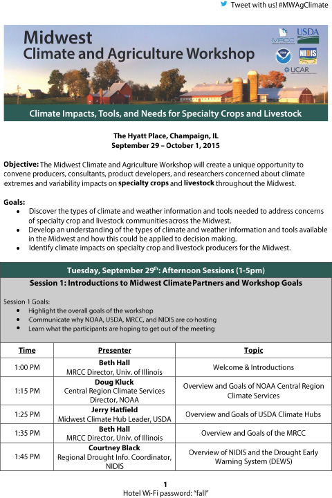 First page of Midwest Climate and Agriculture Workshop agenda showing title text, header image of a farm, and agenda body text