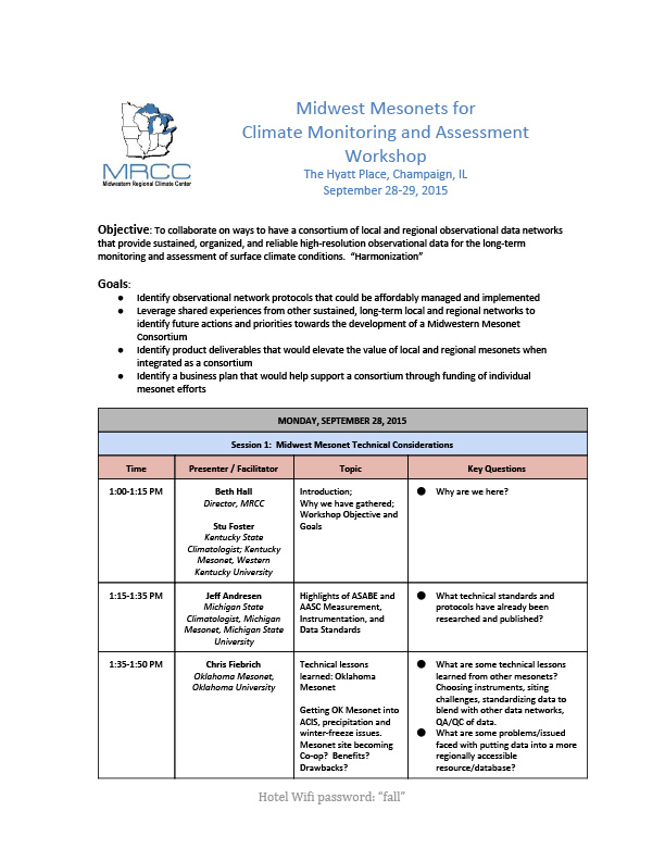 first page of Midwest Mesonets for Climate Monitoring and Assessment Workshop agenda showing title text, the Midwestern Regional Climate Center logo, and body text