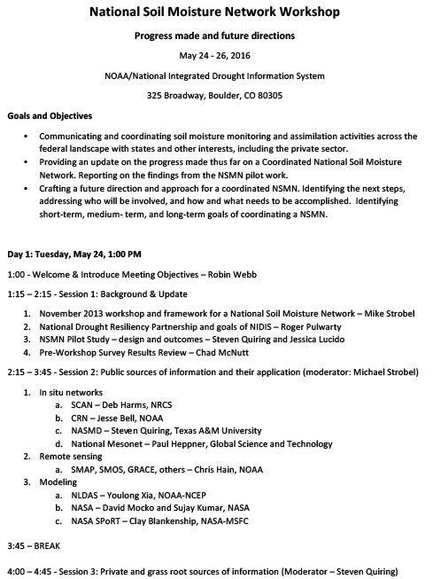 first page of agenda for National Soil Moisture Network Workshop, May 2016