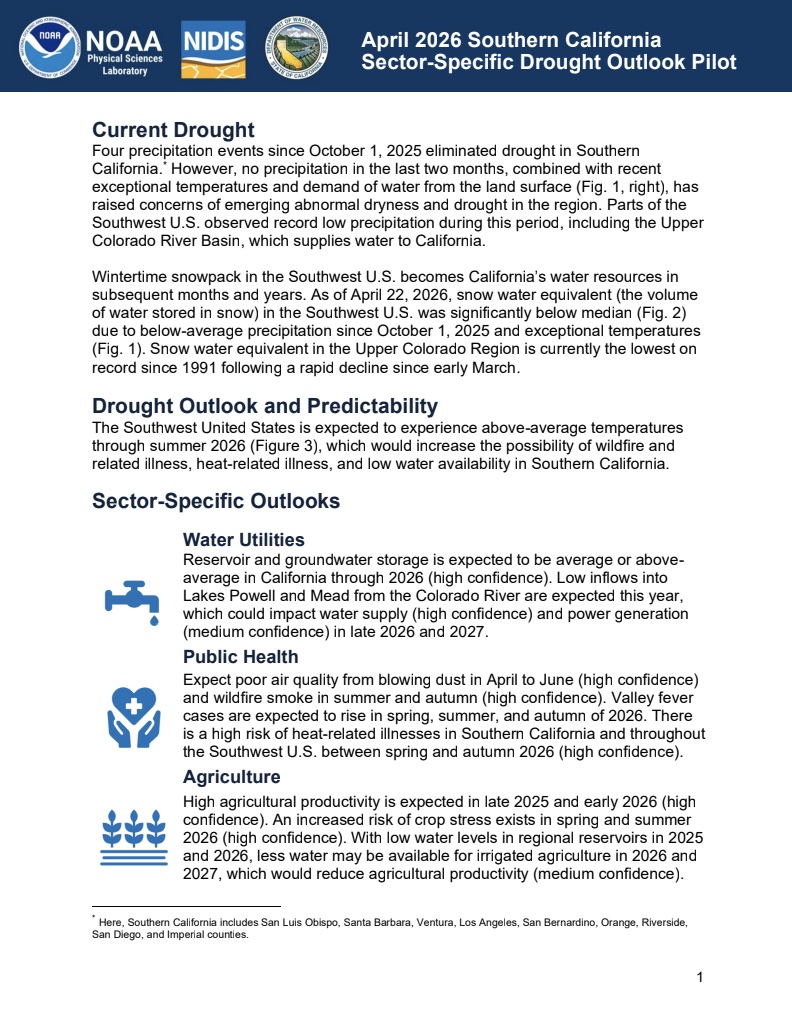 First page of the written Outlook document for Southern California, as part of the Modernizing Drought Early Warning – Southern California Pilot.