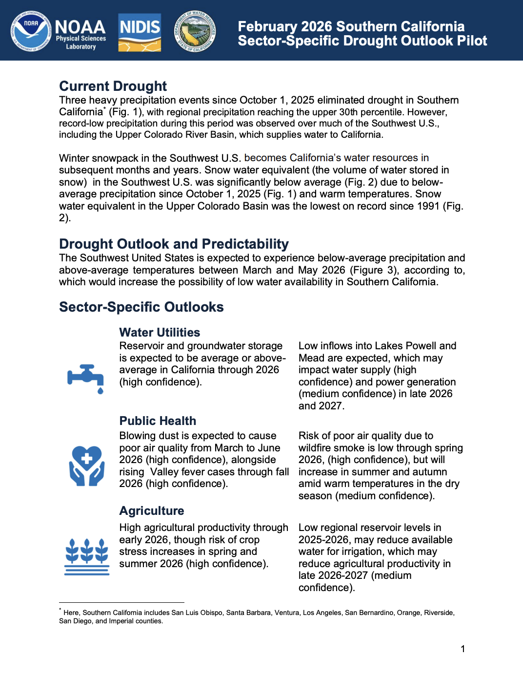 First page of the written Outlook document for Southern California, as part of the Modernizing Drought Early Warning – Southern California Pilot.