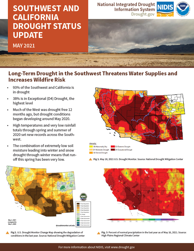 First page of the California and Southwest Drought Status Update, showing current conditions maps and an overview of the current drought