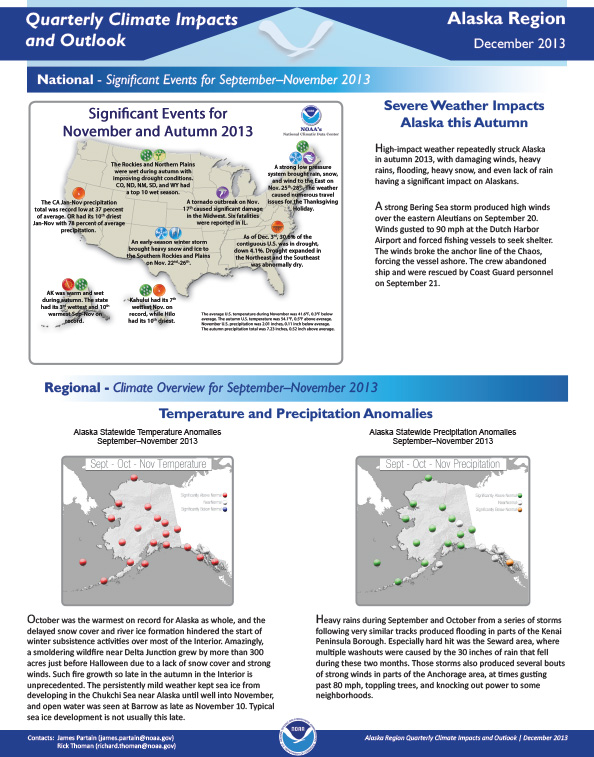 first page of two-page outlook on Quarterly Climate Impacts for the Alaska Region, December 2013