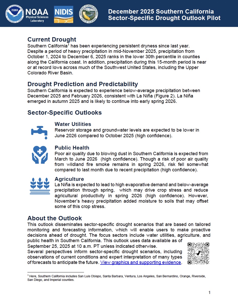 First page of the written Outlook document for Southern California, as part of the Modernizing Drought Early Warning – Southern California Pilot.