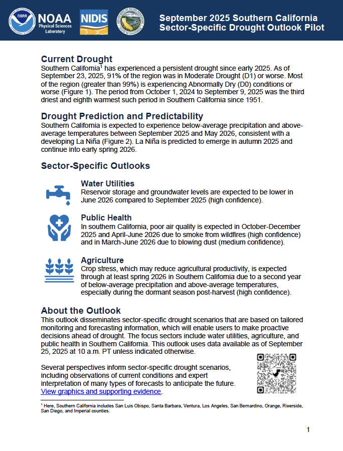 First page of the written Outlook document for Southern California, as part of the Modernizing Drought Early Warning – Southern California Pilot.