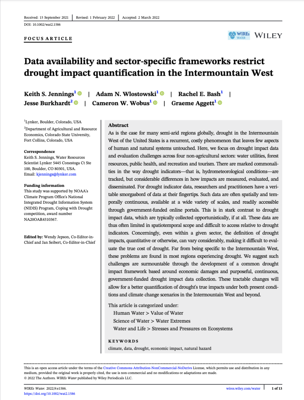 Researchers from Lynker and Colorado State University published an article in WIREs Water on drought impact quantification in the Intermountain West.
