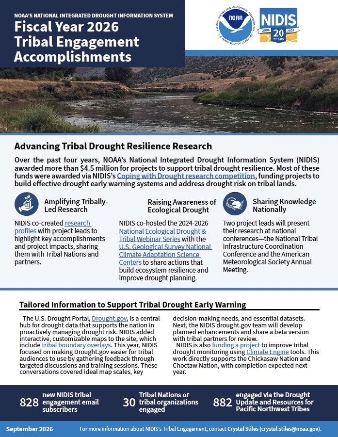 First page of the fact sheet, NOAA/NIDIS Fiscal Year 2026 Tribal Engagement Accomplishments.