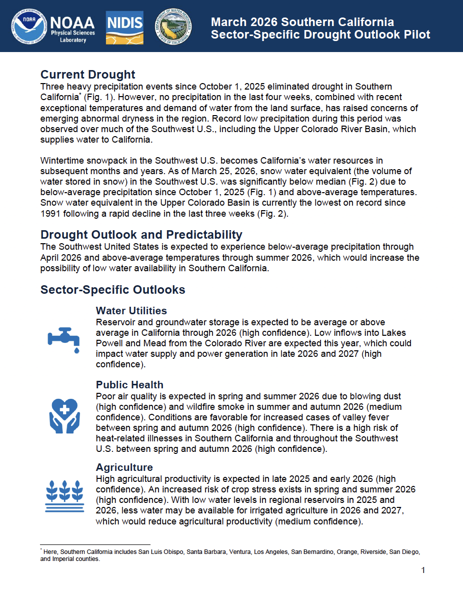 First page of the written Outlook document for Southern California, as part of the Modernizing Drought Early Warning – Southern California Pilot.
