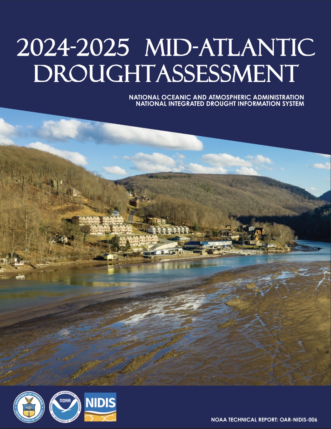 Cover page of the 2024-2025 Mid-Atlantic Drought Assessment, showing a photo of very low water level in Cheat Lake near Morgantown, West Virginia.