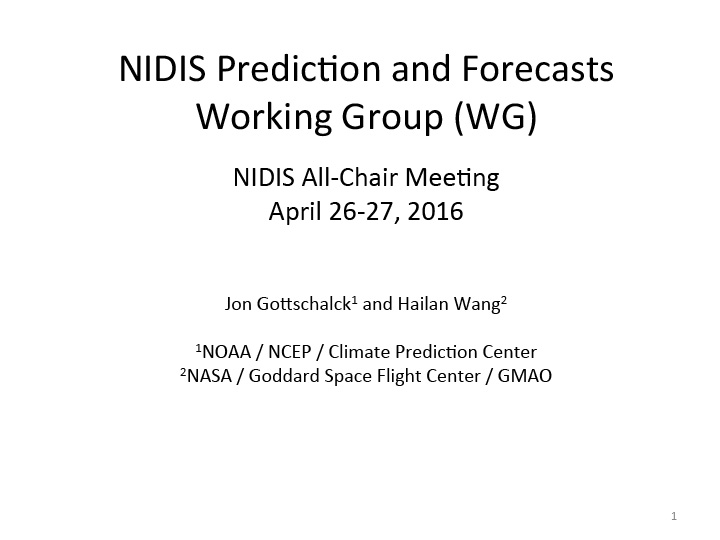 Title slide from presentation on NIDIS Predictions and Forecasts Working Group showing title text and author names 