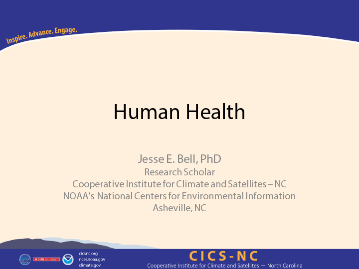 Title slide from presentation on Soil Moisture and Human Health showing title, author name, and North Carolina State University and NOAA logos