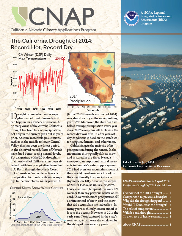 First page of California 2014 Drought newsletter showing text, photo of a lake, the CNAP and NOAA logos