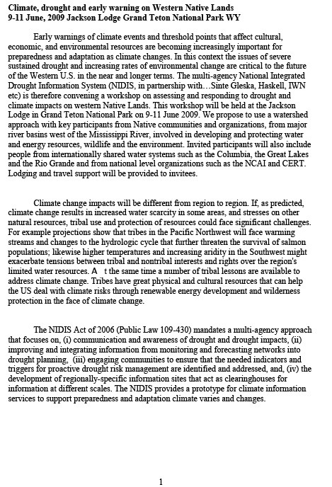 First page of Climate, Drought and Early Warning 2010 Workshop Summary