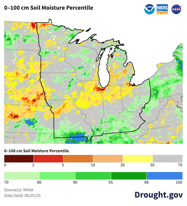 Soil moisture conditions for the top 100 cm of soil are near normal across much of the Midwest. There are some dry pockets with below-normal soil moisture in northern Minnesota, Iowa, northern Missouri, northern Illinois, northern Indiana, northwestern Ohio, and Michigan.