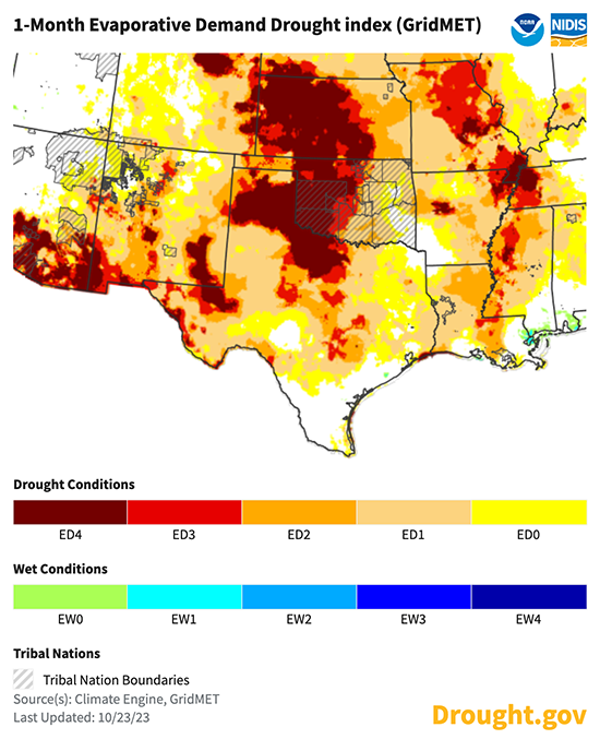 Over the past month, Evaporative demand was especially high along the Texas/Oklahoma border and across western Kansas.