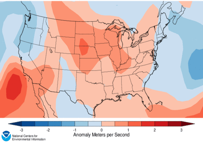 10- meter wind speed anomalies (in meters per second) for March 2022 compared to the 1991–2020 normal.