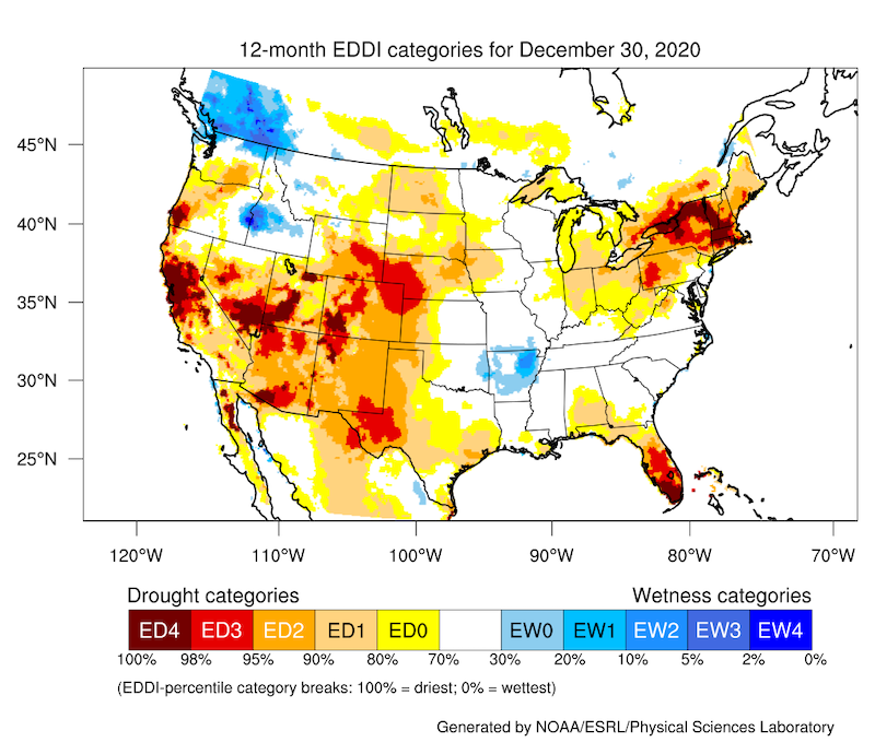  12-month EDDI for December 30, 2020 for the contiguous U.S. Map from NOAA’s Physical Sciences Laboratory.