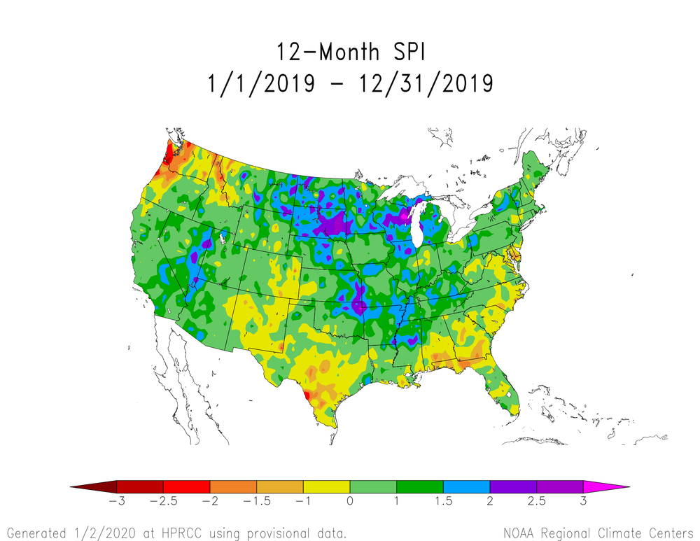 Map displays the 12-Month SPI values for 2019