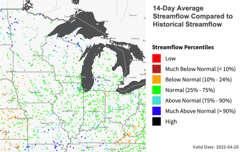 14-day average streamflows across the Midwest region are near- to above-normal 