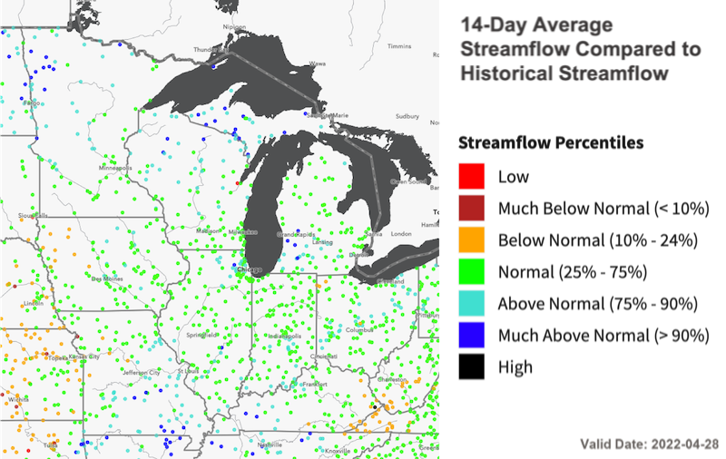 14-day average streamflows across the Midwest region are near- to above-normal