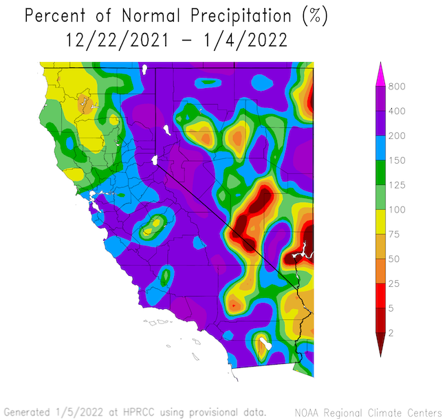 The image shows the percent of normal precipitation for California and Nevada over 12/22/2021 - 1/4/2022. Much of California and Northern Nevada show above 400% of normal precipitation during this period. 