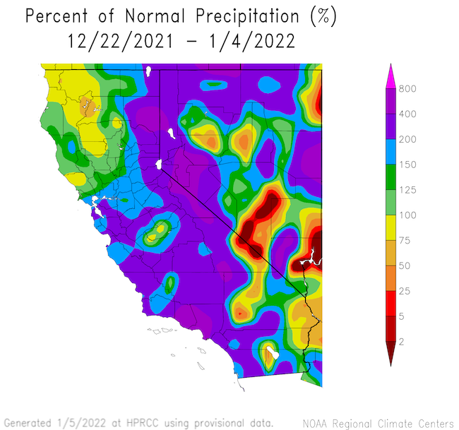 The image shows the percent of normal precipitation for California and Nevada over 12/22/2021 - 1/4/2022. Much of California and Northern Nevada show above 400% of normal precipitation during this period.