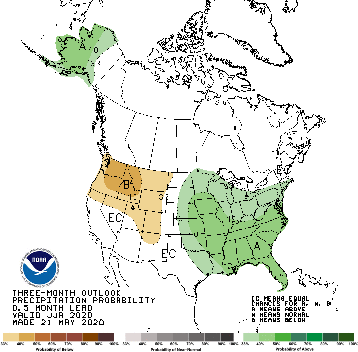 Three month outlook, precipitation probability, National Weather Service Climate Prediction Center