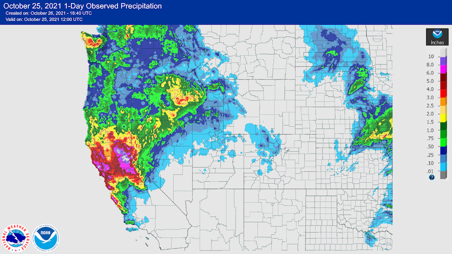 A map of the western United States shows 1-Day Observed Precipitation Totals as of Monday October 25, 2021 at 5 am PDT. State and county outlines are shown. The scale is from 0 (gray) to 10 (purple) inches. 0.01 to >10 inches of precipitation fell across the states of CA, NV, UT, WA, OR, and ID from the recent atmospheric river. The greatest values were observed in north/central California and the Sierra crest. 